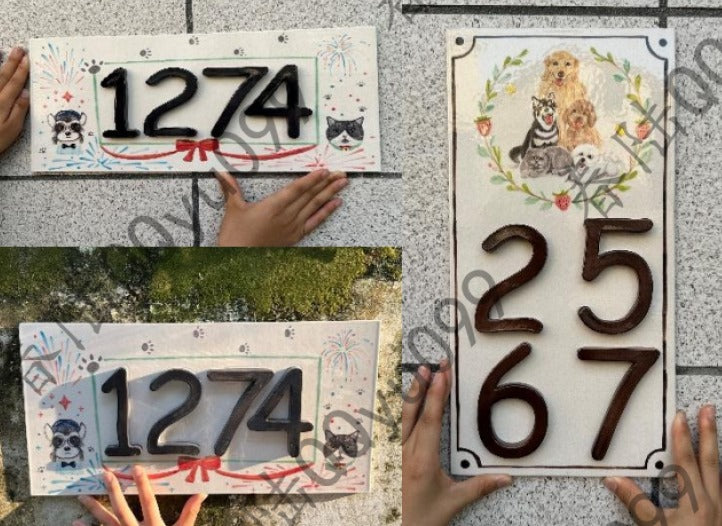 Custom Hand-Painted Ceramic Pet House Number Plaque | Free international shipping