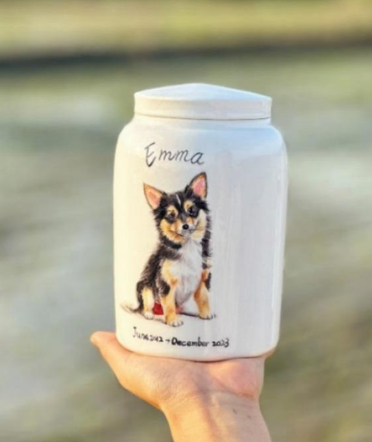 Hand-Painted Ceramic Pet Ash Urn – Custom Pet Portrait, Memorial Jar, High-Fire Porcelain Keepsake for Dog or Cat, 850ml