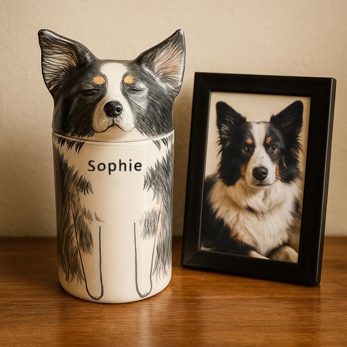 Dog pet urn with open eyes – custom tribute for beloved pet