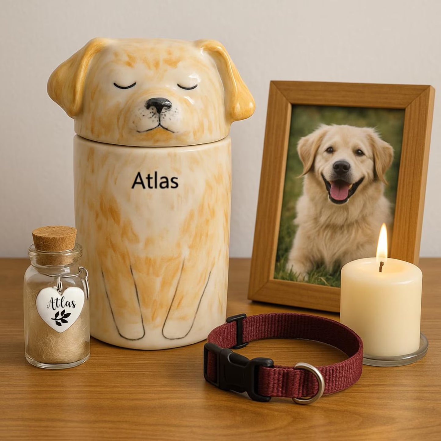 Personalized dog cremation urn – white clay urn with name