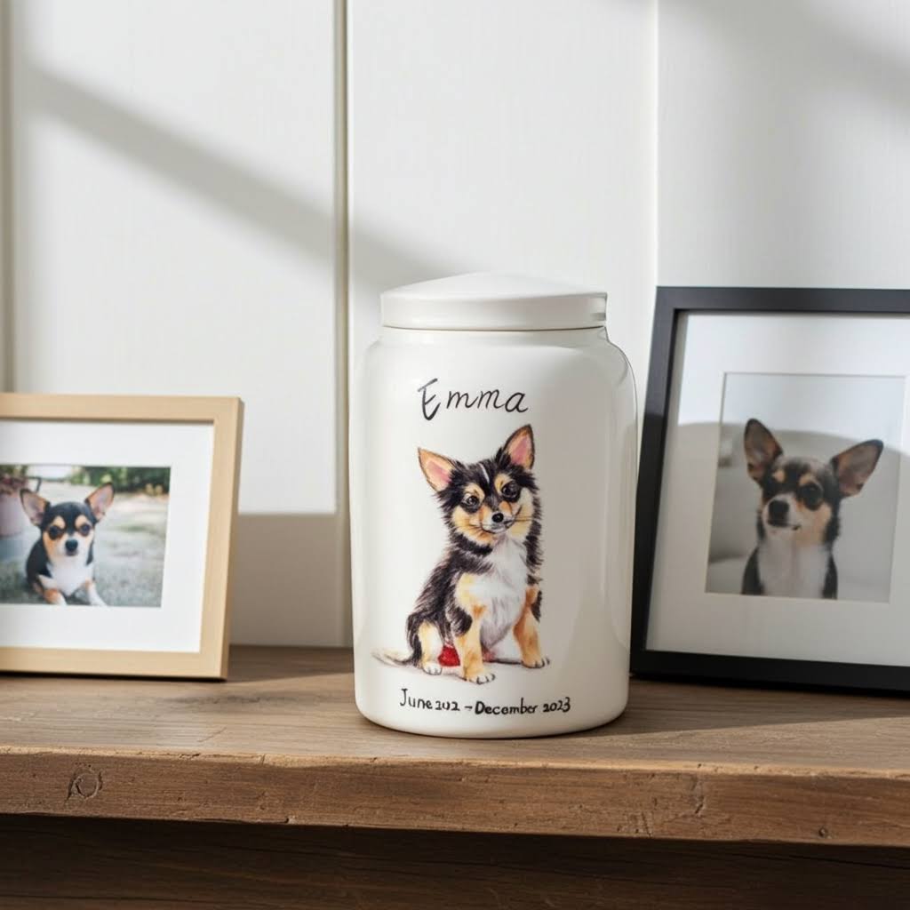 Hand-Painted Ceramic Pet Ash Urn – Custom Pet Portrait, Memorial Jar, High-Fire Porcelain Keepsake for Dog or Cat, 850ml | Free shipping