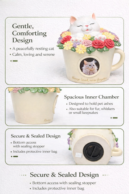 Pet Memorial Urn for Cats & Dogs – Flower Cup Keepsake with Sleeping Animal Design