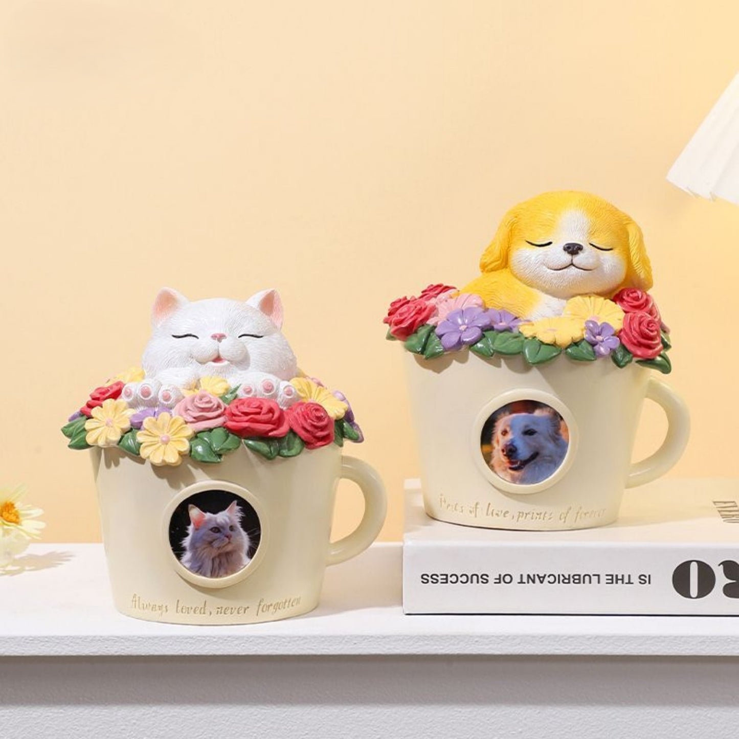 Pet Memorial Urn for Cats & Dogs – Flower Cup Keepsake with Sleeping Animal Design