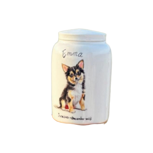 Hand-Painted Ceramic Pet Ash Urn – Custom Pet Portrait, Memorial Jar, High-Fire Porcelain Keepsake for Dog or Cat, 850ml | Free international shipping