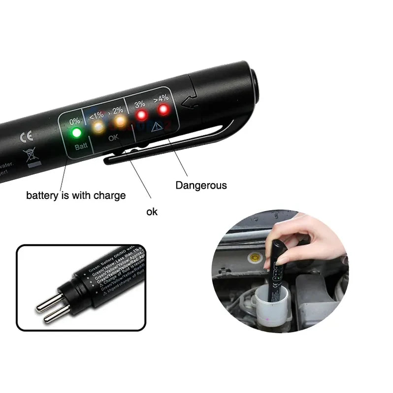 LED brake fluid moisture tester showing brake fluid condition levels