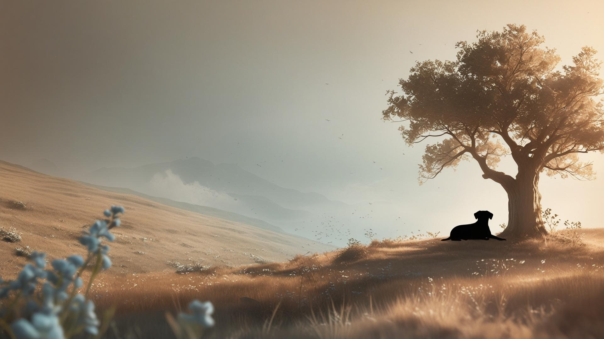 Dog sitting under a tree in a field with a sunset sky