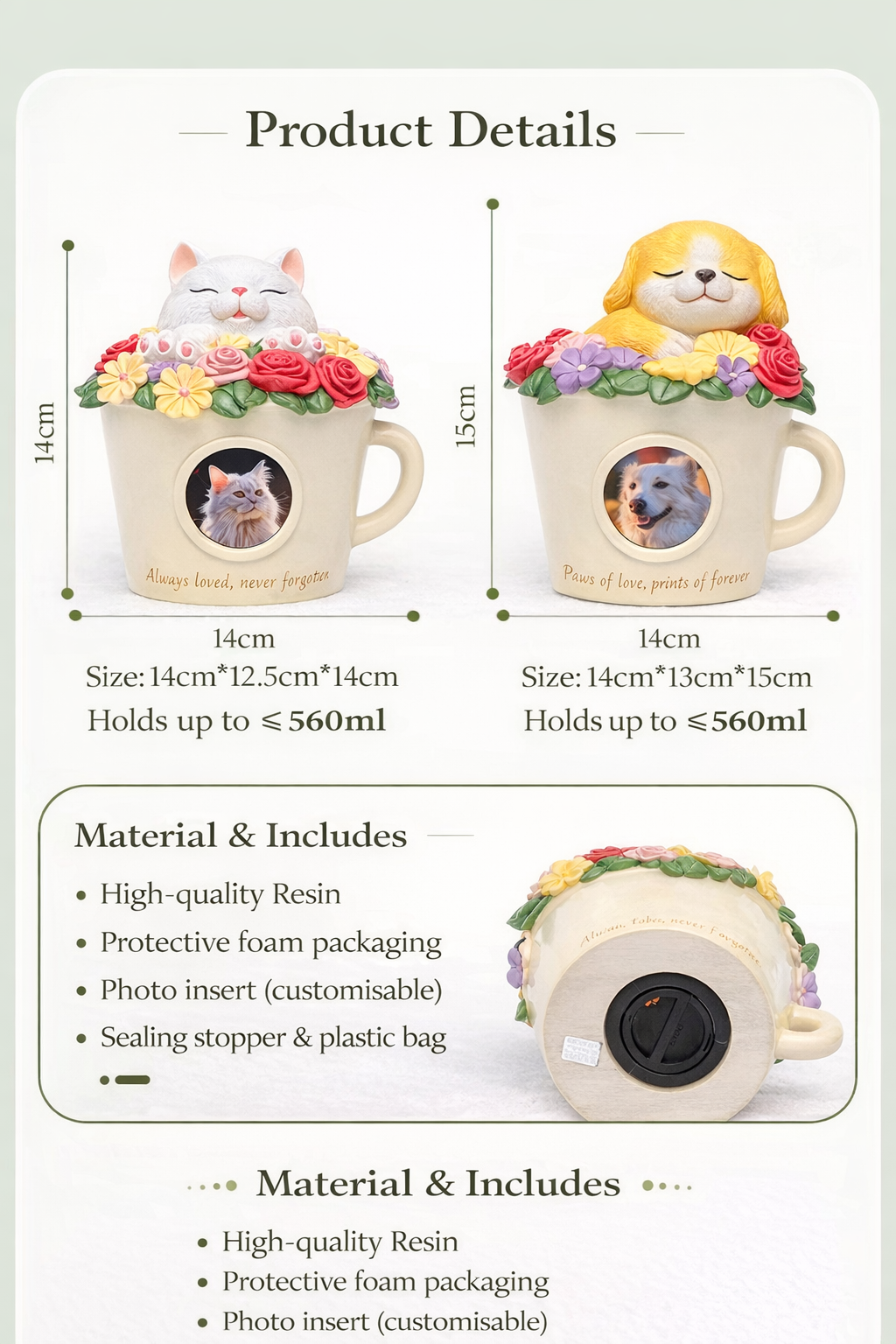 Pet Memorial Urn for Cats & Dogs – Flower Cup Keepsake with Sleeping Animal Design