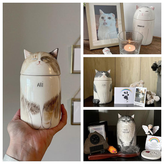 Custom cat urn with portrait – ceramic ashes keepsake