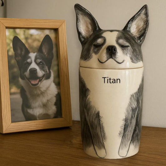 Hand-painted ceramic dog urn with custom portrait – pet ashes keepsake
