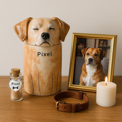 Cute custom dog urn with closed eyes – ashes keepsake jar