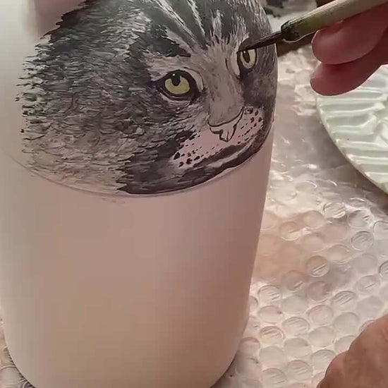 Cat pet urn with closed eyes – handmade remembrance gift
