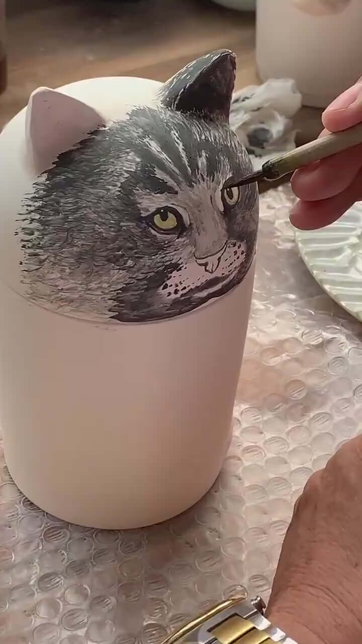 Cat pet urn with closed eyes – handmade remembrance gift